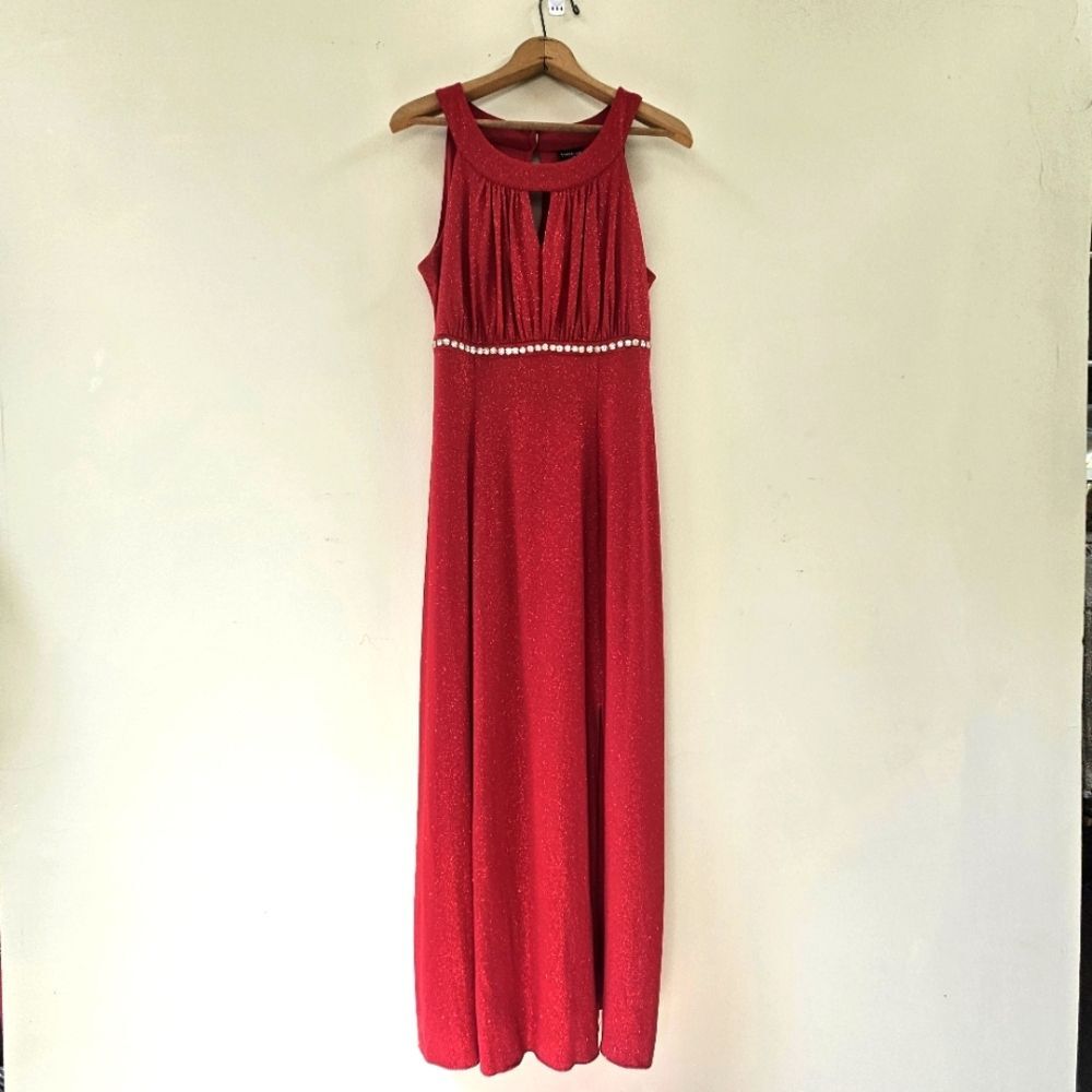 EnFocus Studio Evening Gown Women Sz 12 Glittery Red Front Side Split Rhinestone